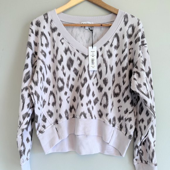 Michael Stars NEW Bone & Black Leopard Camila V-Neck Sweatshirt Women Terry SMAL - Picture 7 of 7